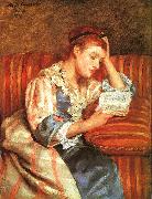 Mrs Duffee Seated on a Striped Sofa, Reading, Mary Cassatt